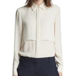 Theory Double Georgette Rosita Blouse 100% Silk Button Down Shirt Tiered Cream L